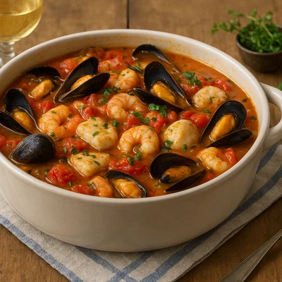Åländischer Fischtopf mit Tomaten, Garnelen und Muscheln