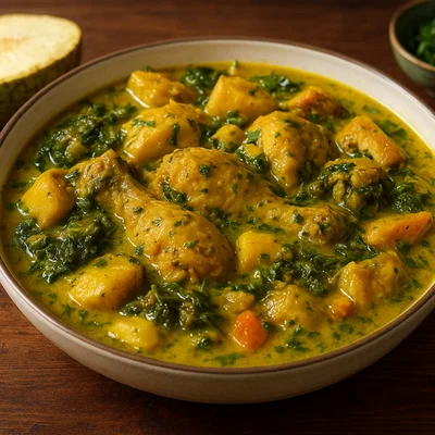 Grenadischer Oil Down (Kokos-Eintopf mit Huhn, Breadfruit und Callaloo)