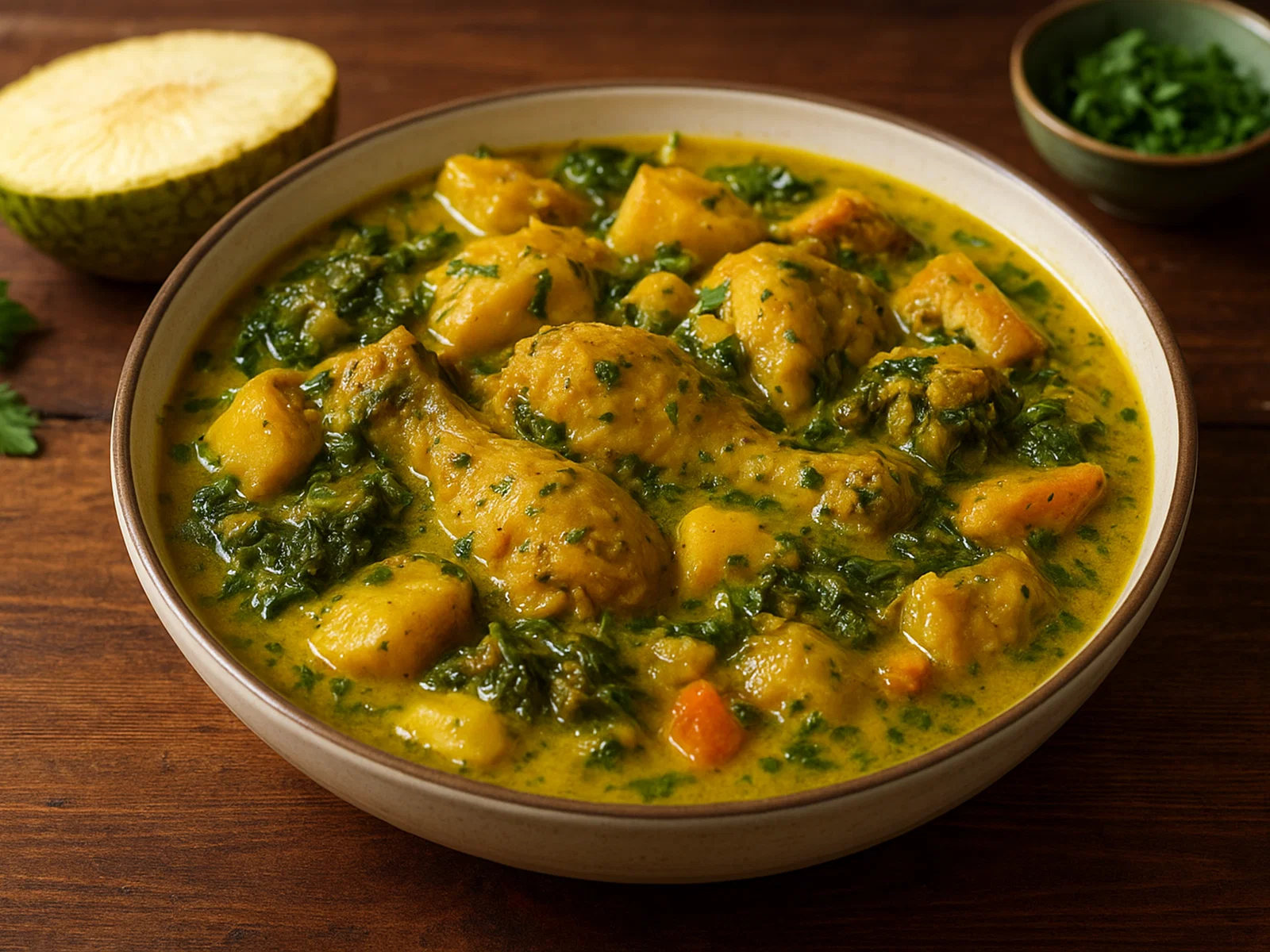 Grenadischer Oil Down (Kokos-Eintopf mit Huhn, Breadfruit und Callaloo)