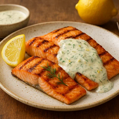 Gegrillter Lachs mit cremiger Zitronen-Dill-Sauce