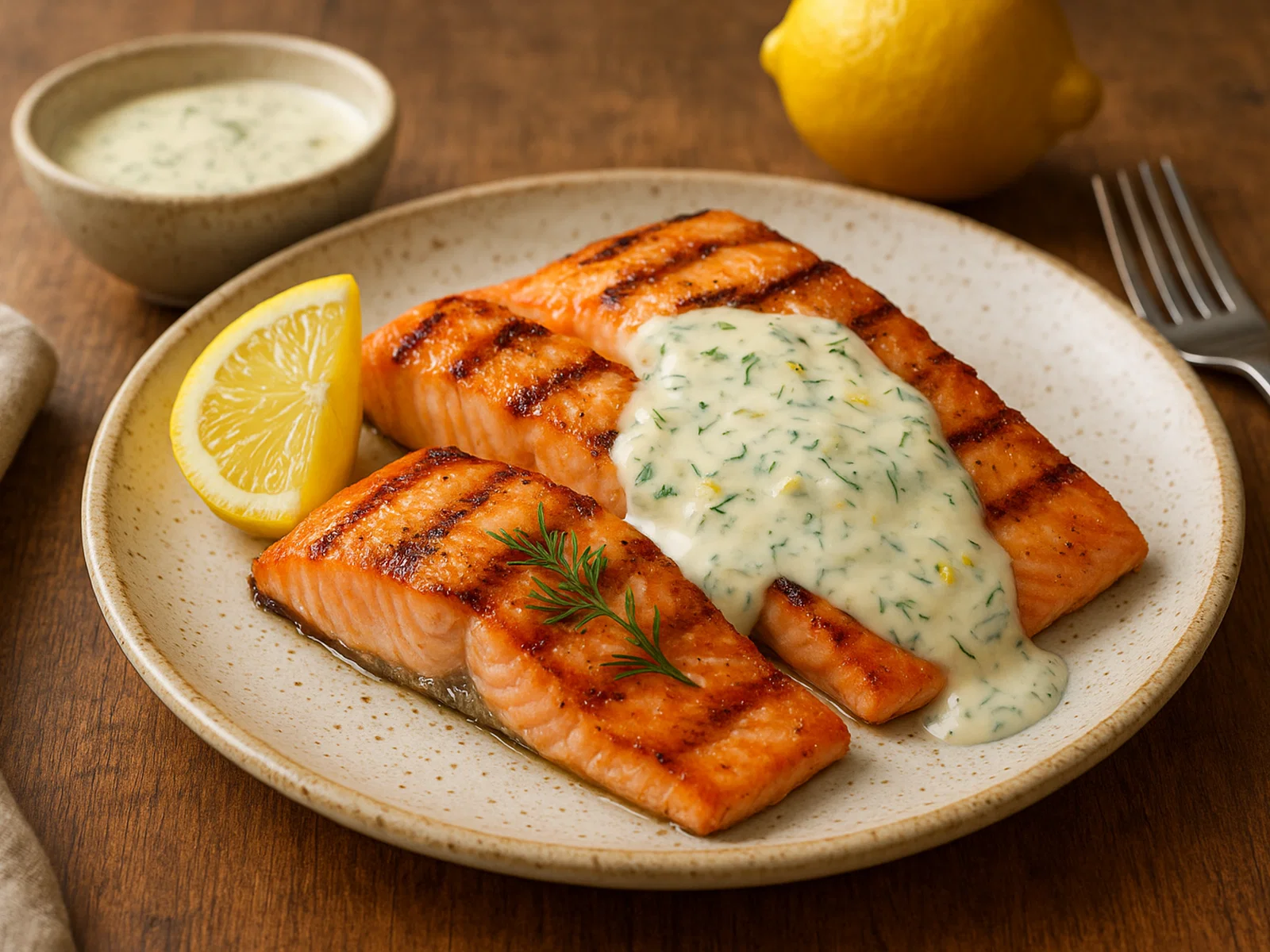Gegrillter Lachs mit cremiger Zitronen-Dill-Sauce