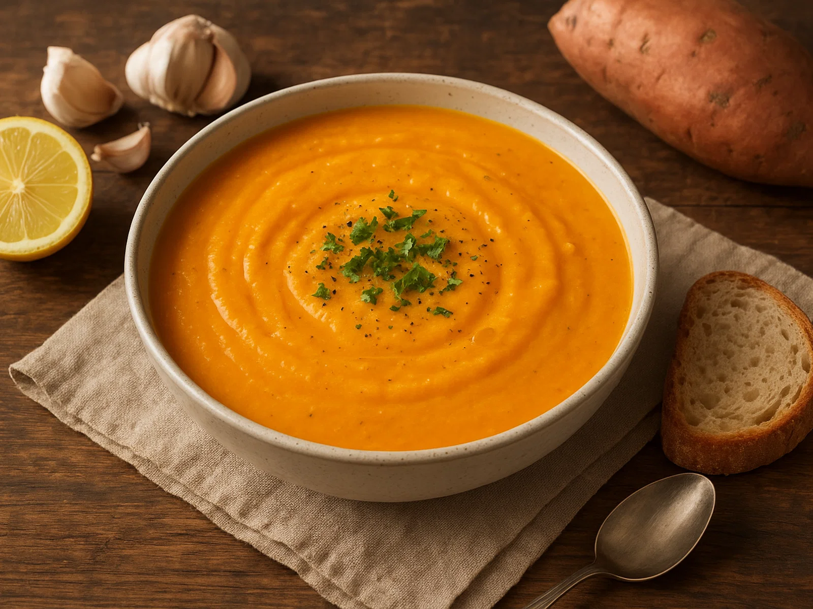 Cremige Kumara-Suppe mit Ingwer und Knoblauch
