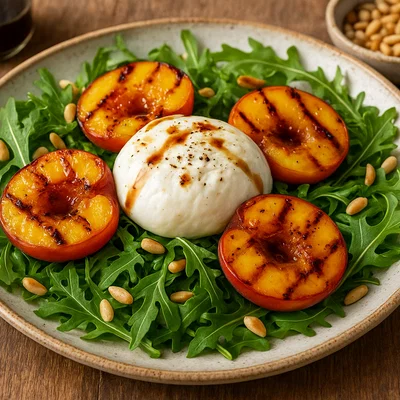 Gegrillter Pfirsich-Burrata-Salat mit Rucola und Pinienkernen