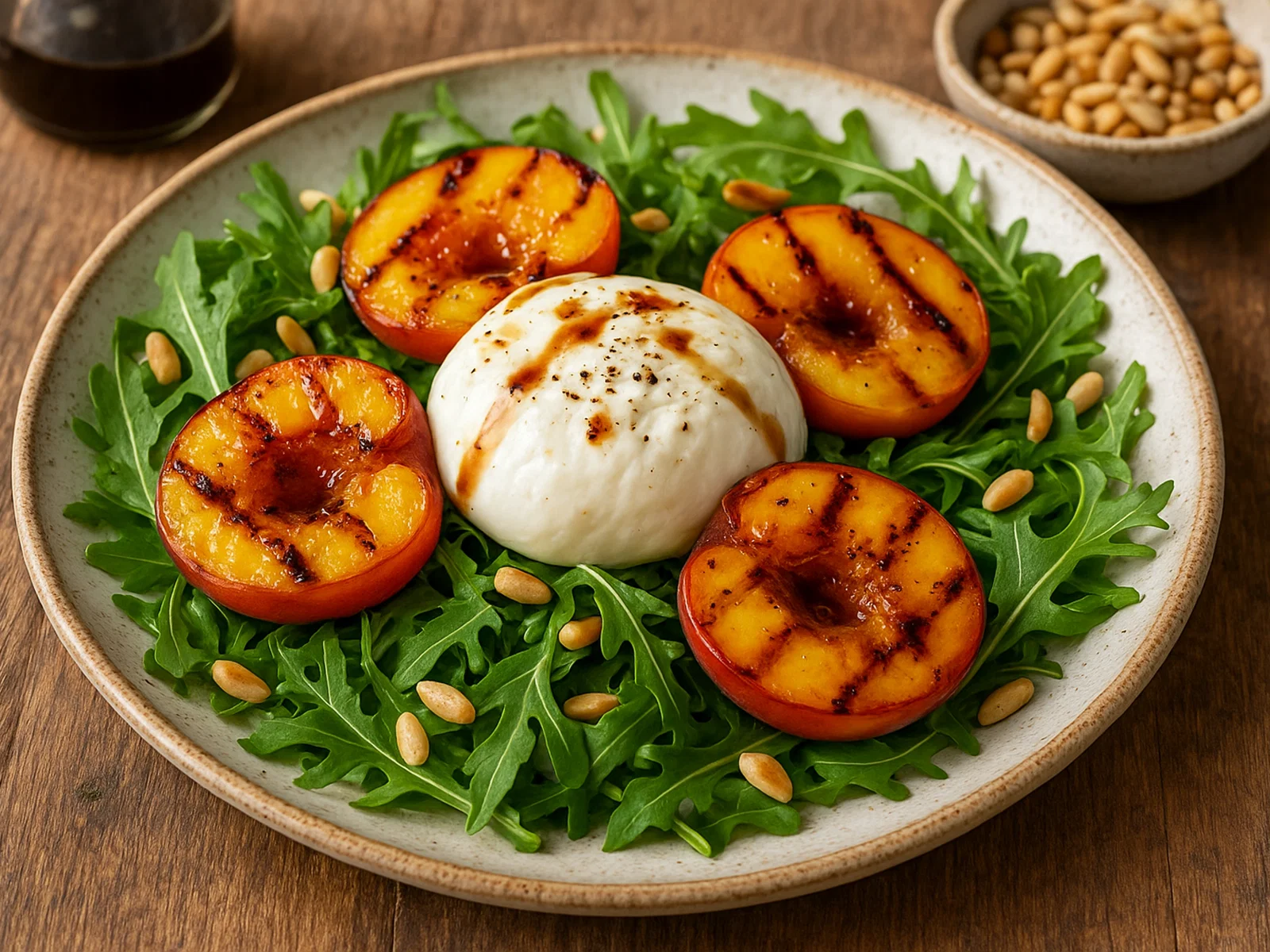 Gegrillter Pfirsich-Burrata-Salat mit Rucola und Pinienkernen