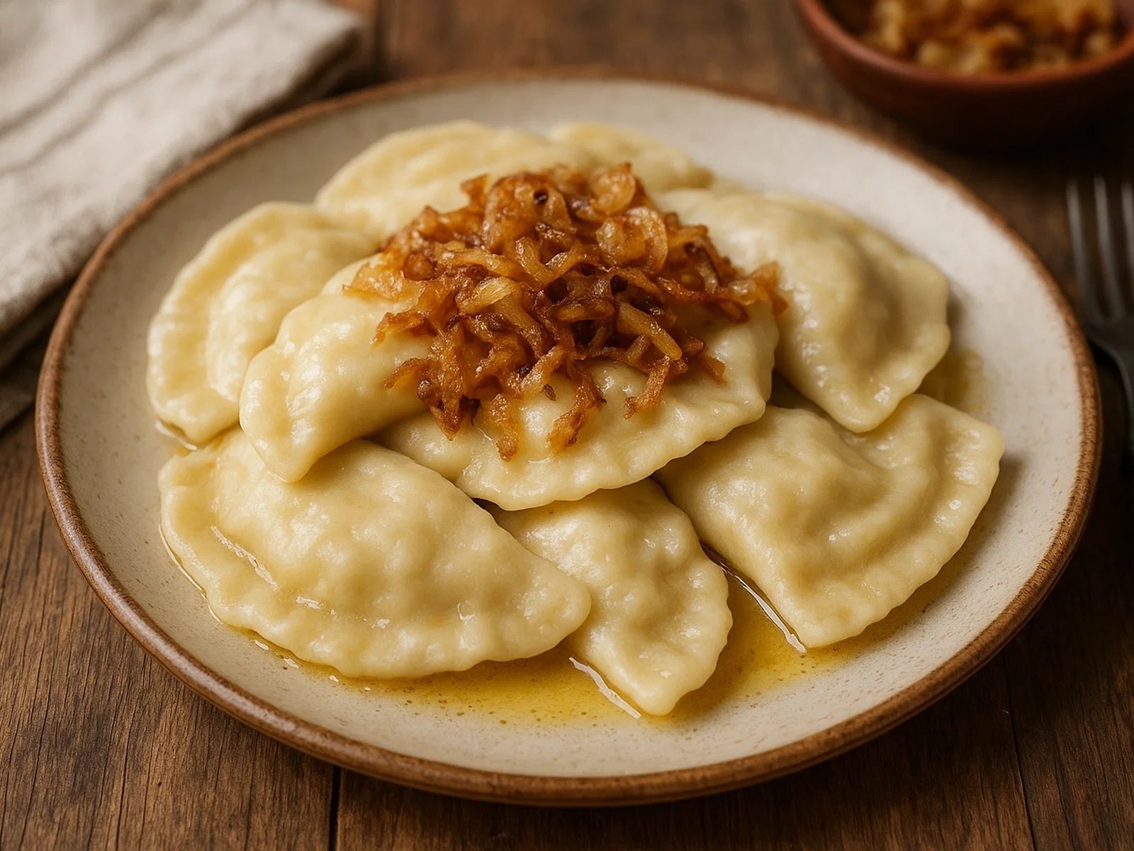 Varenyky mit Kartoffel-Käse-Füllung und Röstzwiebeln
