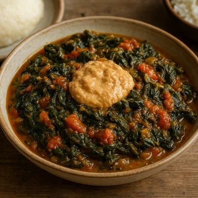 Chibwabwa – Sambische Kürbisblätter mit Erdnuss und Tomaten