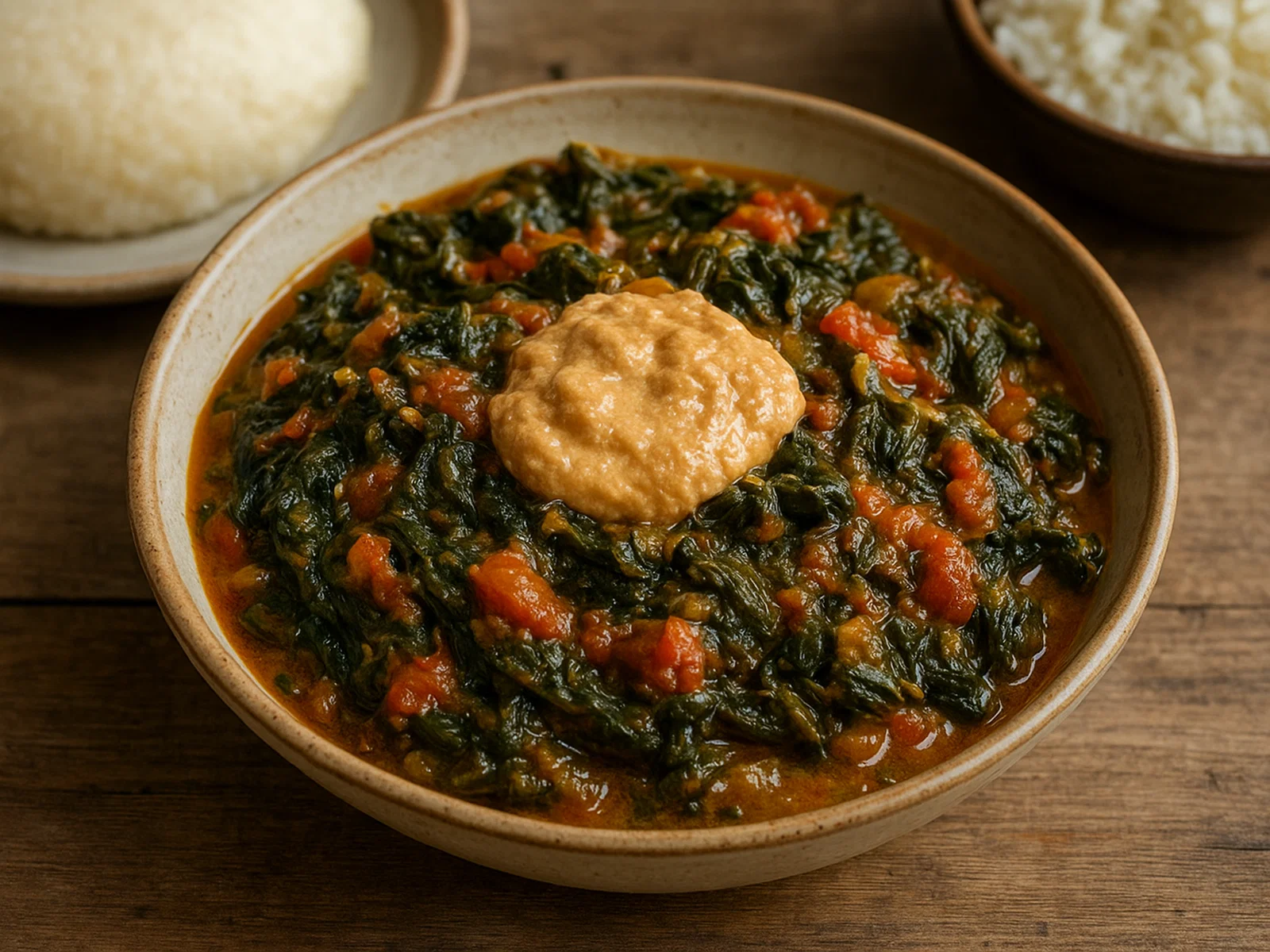 Chibwabwa – Sambische Kürbisblätter mit Erdnuss und Tomaten