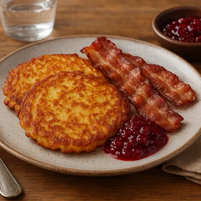 Raggmunk – Schwedische Kartoffelpuffer mit Preiselbeeren und Speck
