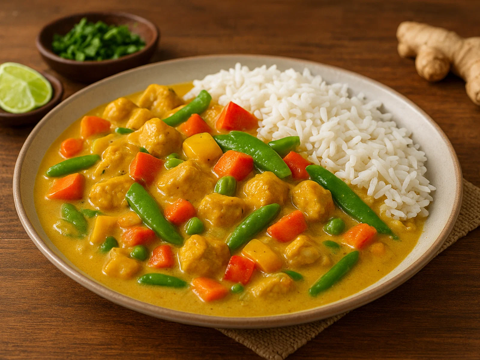 Fiafia – Hähnchen-Kokos-Curry mit Gemüse und Basmatireis
