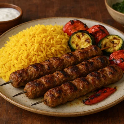 Tschelo Kabab mit Safranreis und gegrilltem Gemüse