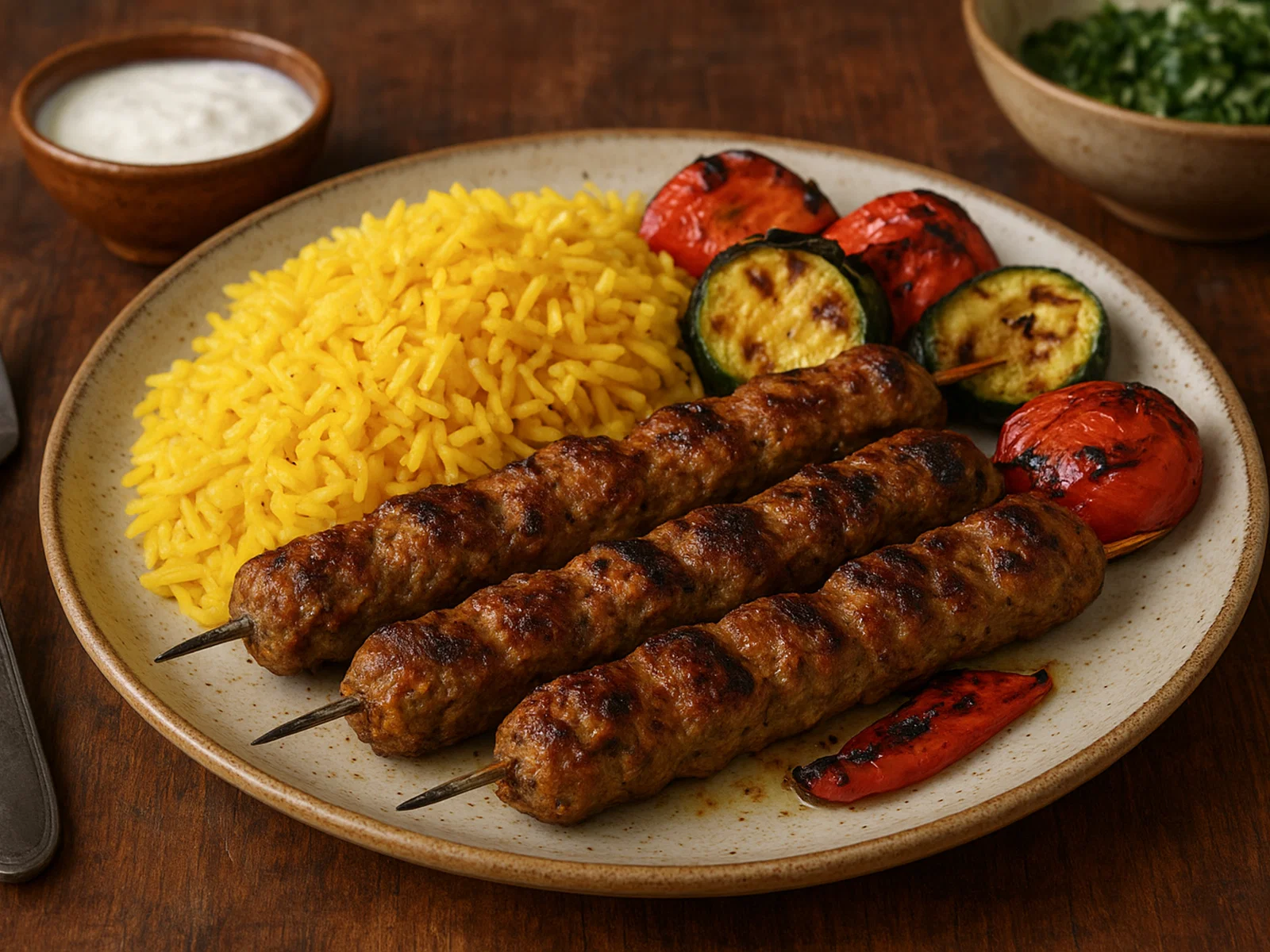 Tschelo Kabab mit Safranreis und gegrilltem Gemüse
