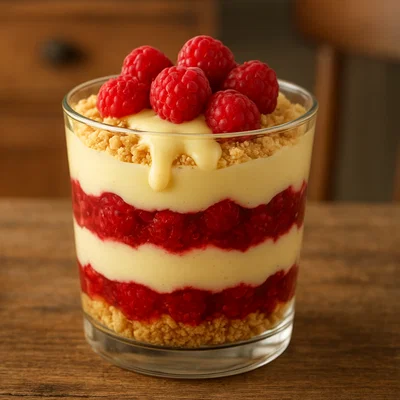 Himbeer-Schichtdessert mit Vanillesauce im Glas