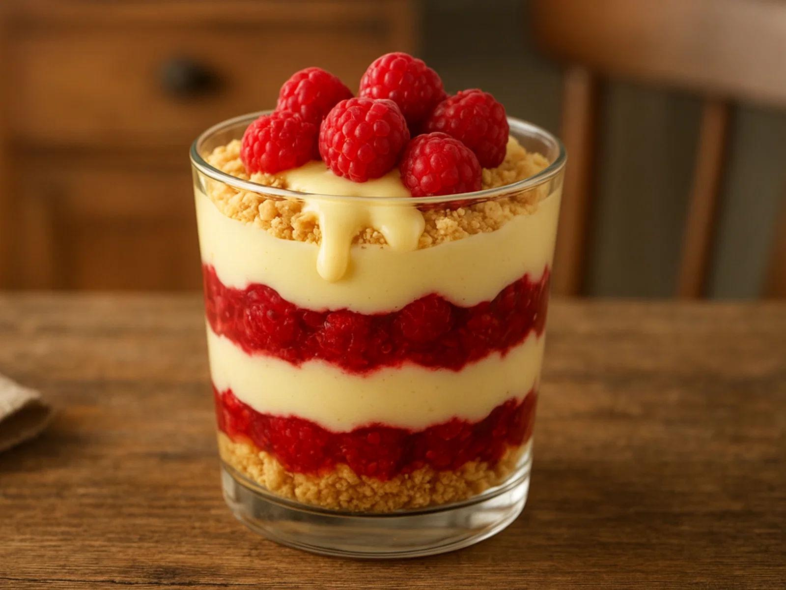 Himbeer-Schichtdessert mit Vanillesauce im Glas