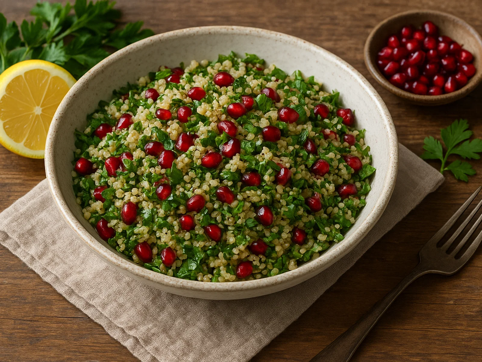 Granatapfel-Quinoa-Salat mit frischen Kräutern und Zitrone