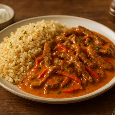 Rindfleisch-Stroganoff mit Pilaw-Reis