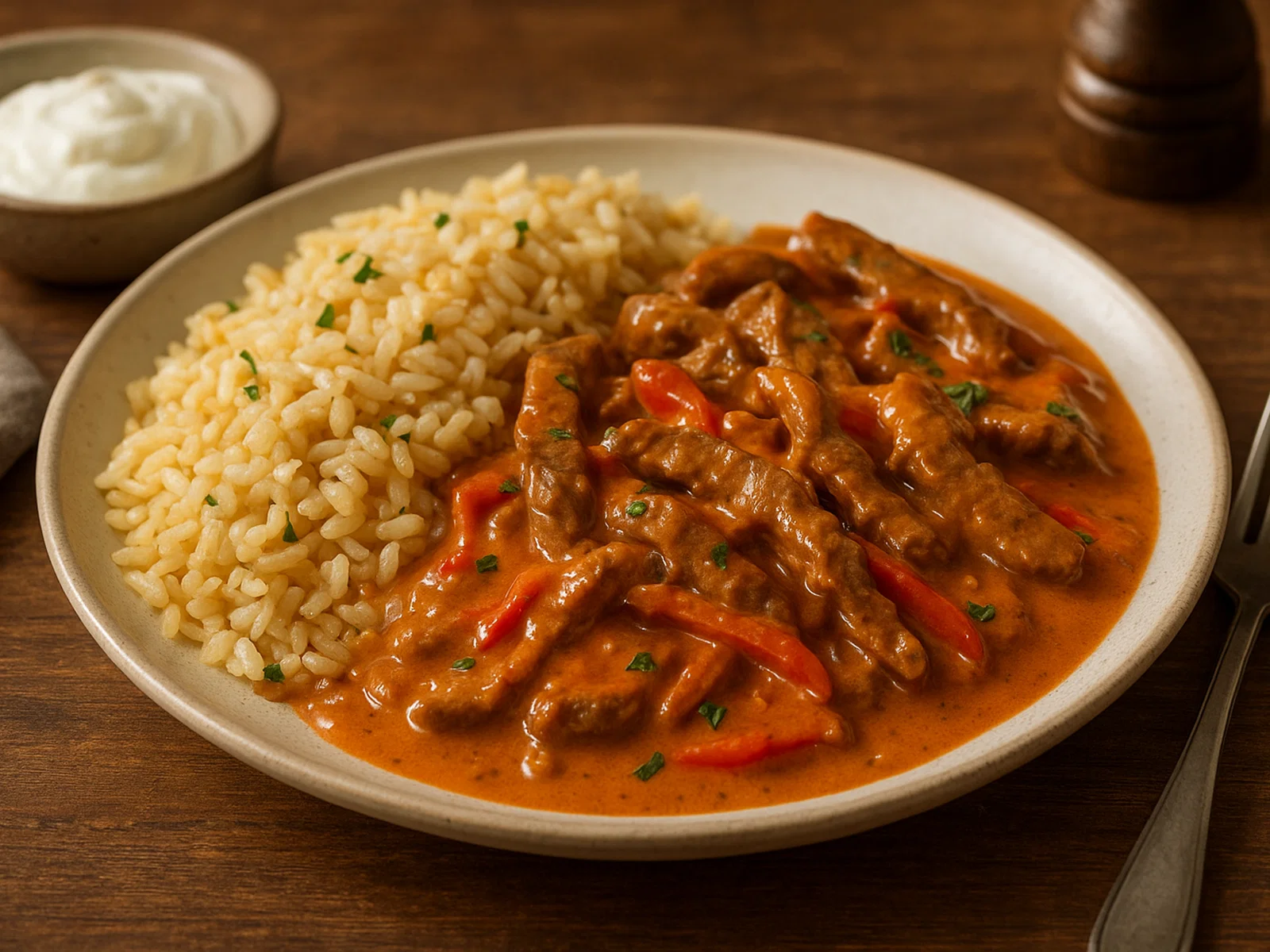 Rindfleisch-Stroganoff mit Pilaw-Reis