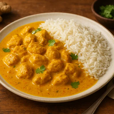 Hühnchencurry mit Basmatireis in cremiger Kokossoße