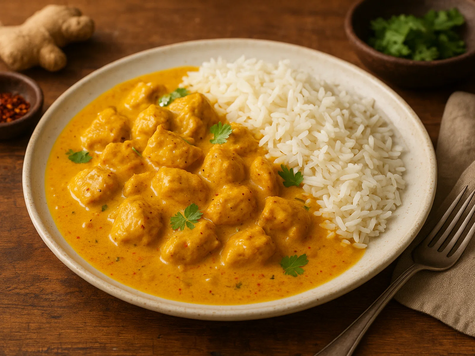 Hühnchencurry mit Basmatireis in cremiger Kokossoße
