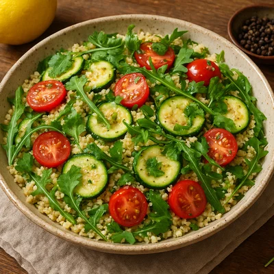 Zucchini-Couscous-Salat mit Kirschtomaten, Rucola und Koriander