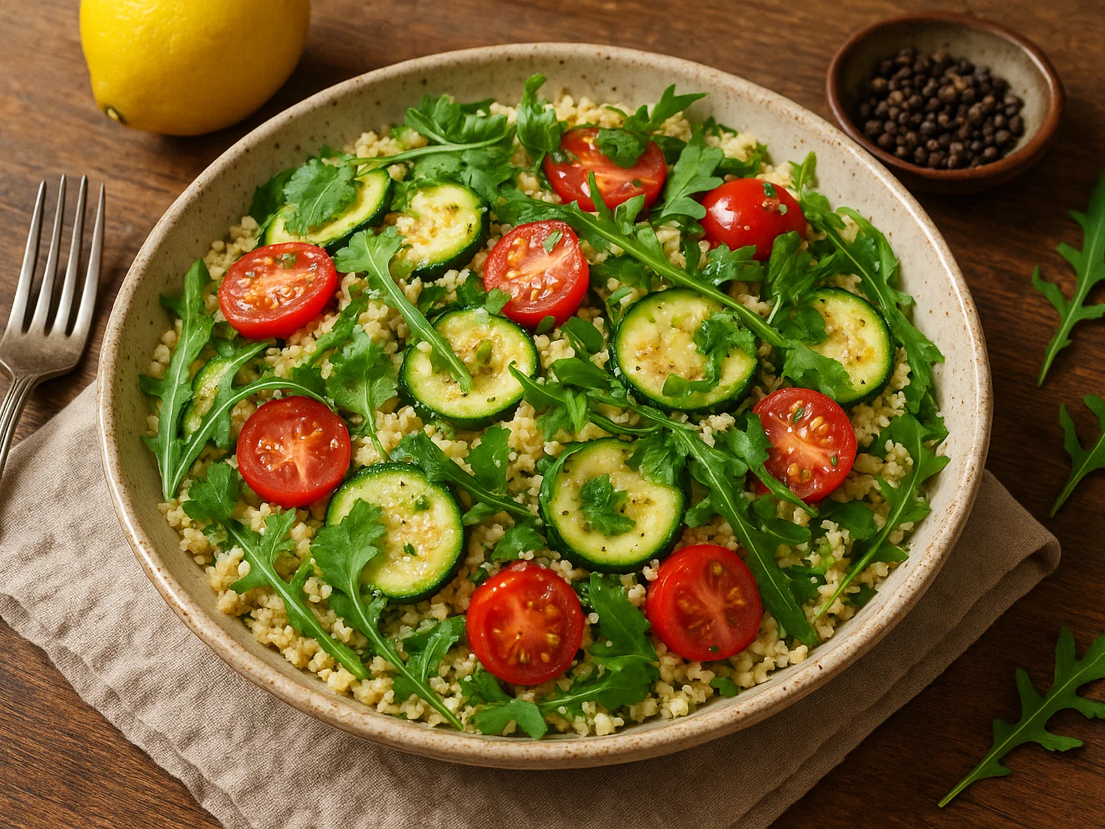 Zucchini-Couscous-Salat mit Kirschtomaten, Rucola und Koriander