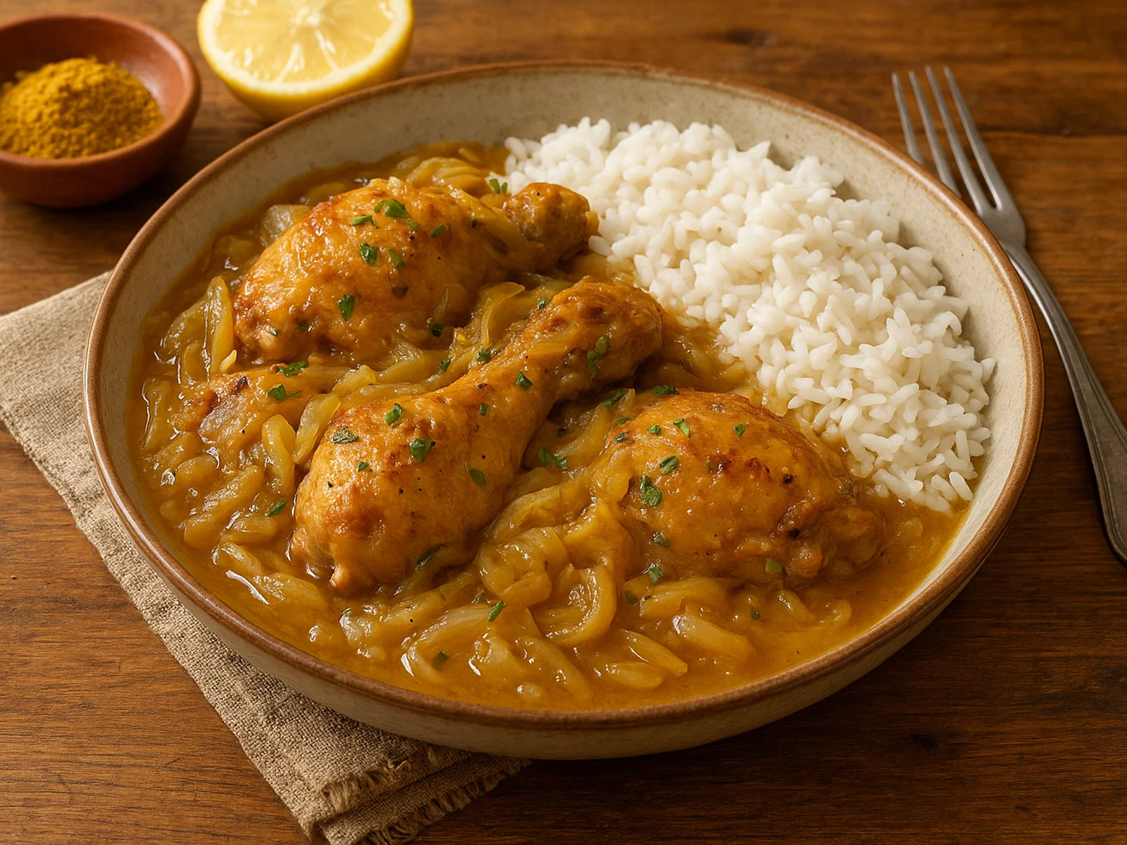 Senegalesisches Yassa Huhn mit Zwiebel-Zitronen-Sauce