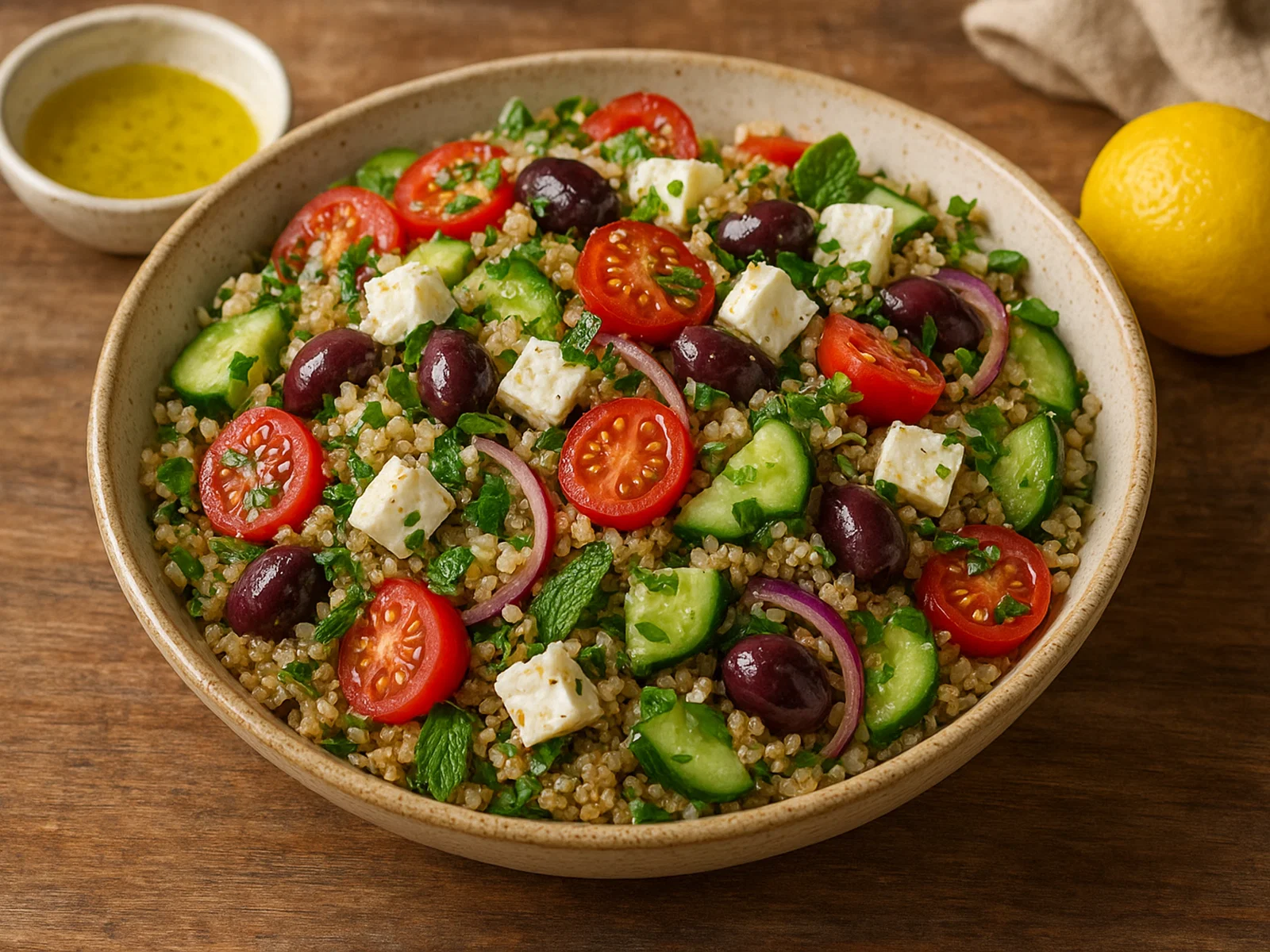 Mediterraner Quinoa-Salat mit Feta und Zitronen-Dressing
