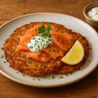 Kartoffel-Rösti mit geräuchertem Lachs und Kräuter-Schmand