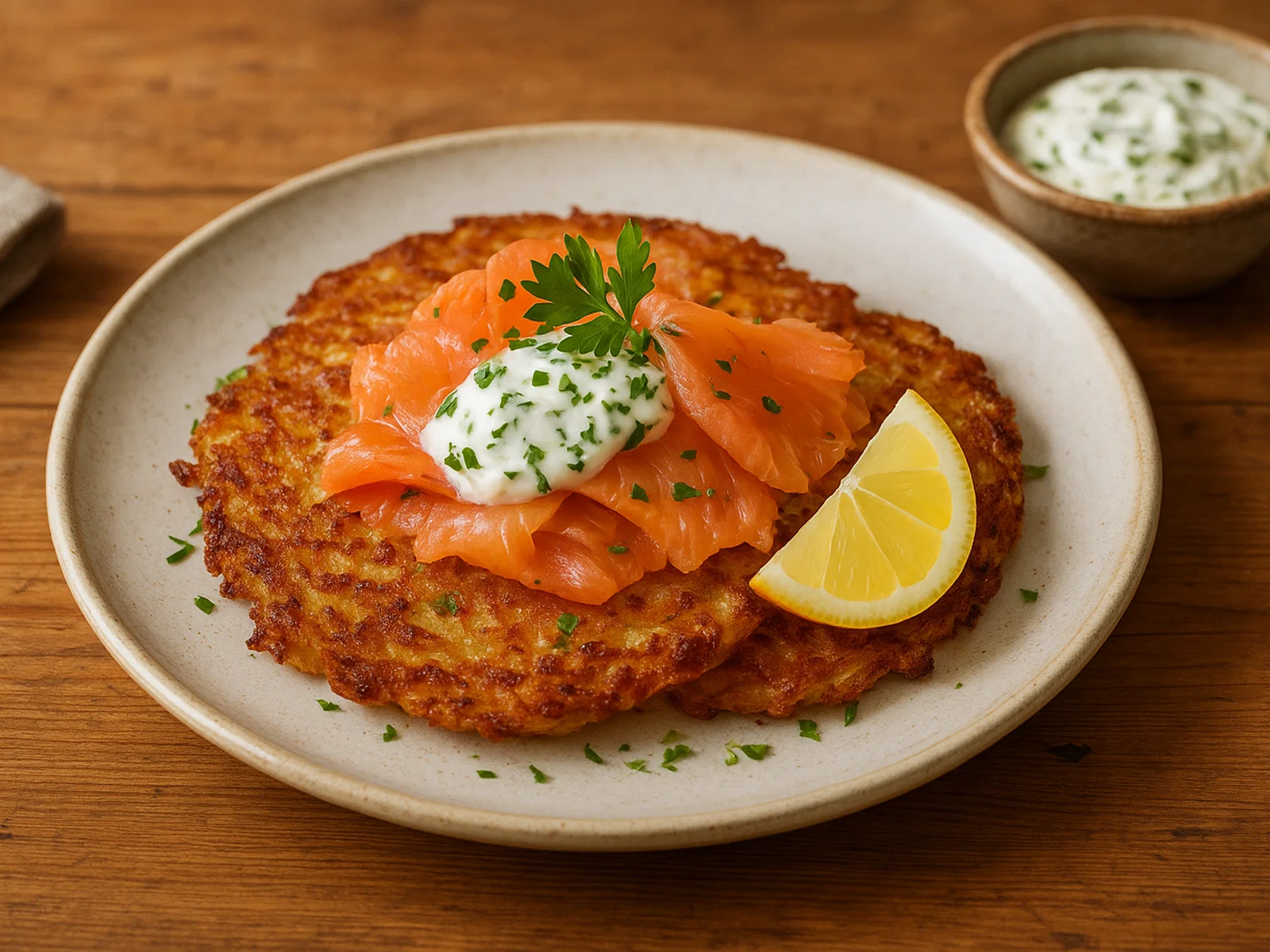 Kartoffel-Rösti mit geräuchertem Lachs und Kräuter-Schmand