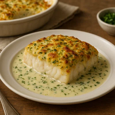 Kabeljau au Gratin mit Kräuter-Sahne-Sauce