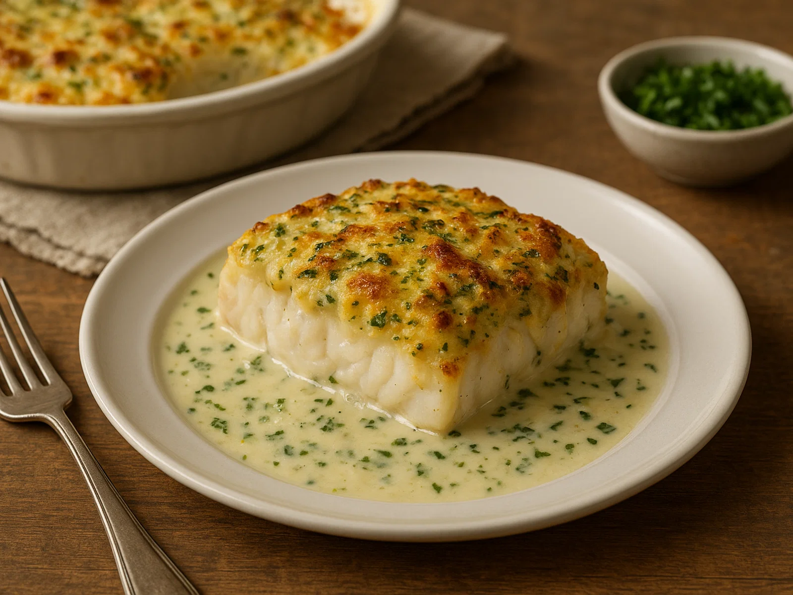 Kabeljau au Gratin mit Kräuter-Sahne-Sauce