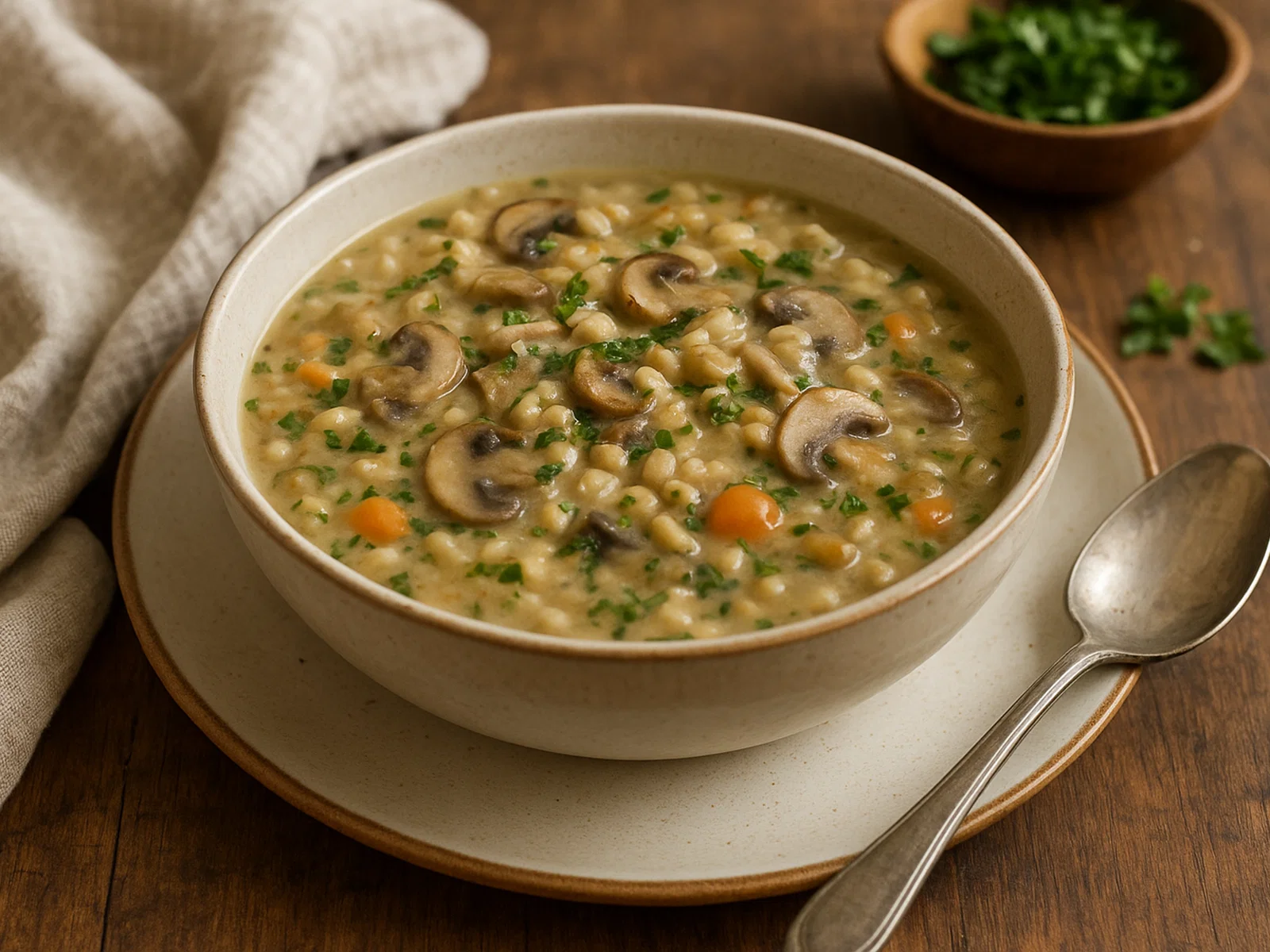 Herzhafte Pilz-Gerstensuppe mit Kräutern