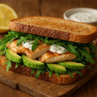 Hühnchen-Sandwich mit Avocado und Rucola