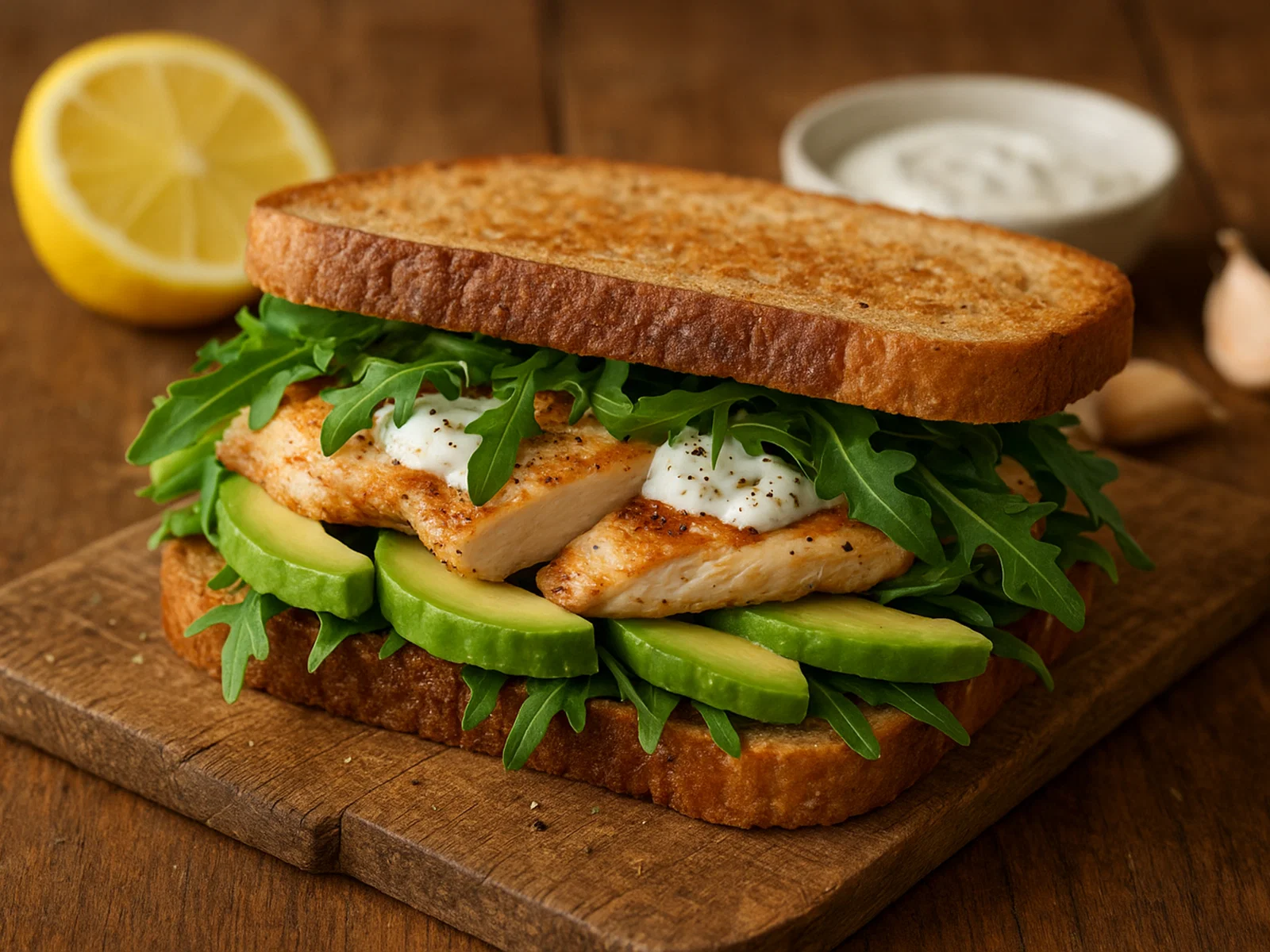 Hühnchen-Sandwich mit Avocado und Rucola