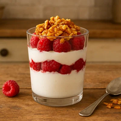 Himbeer-Joghurt-Parfait mit Mandelkrokant