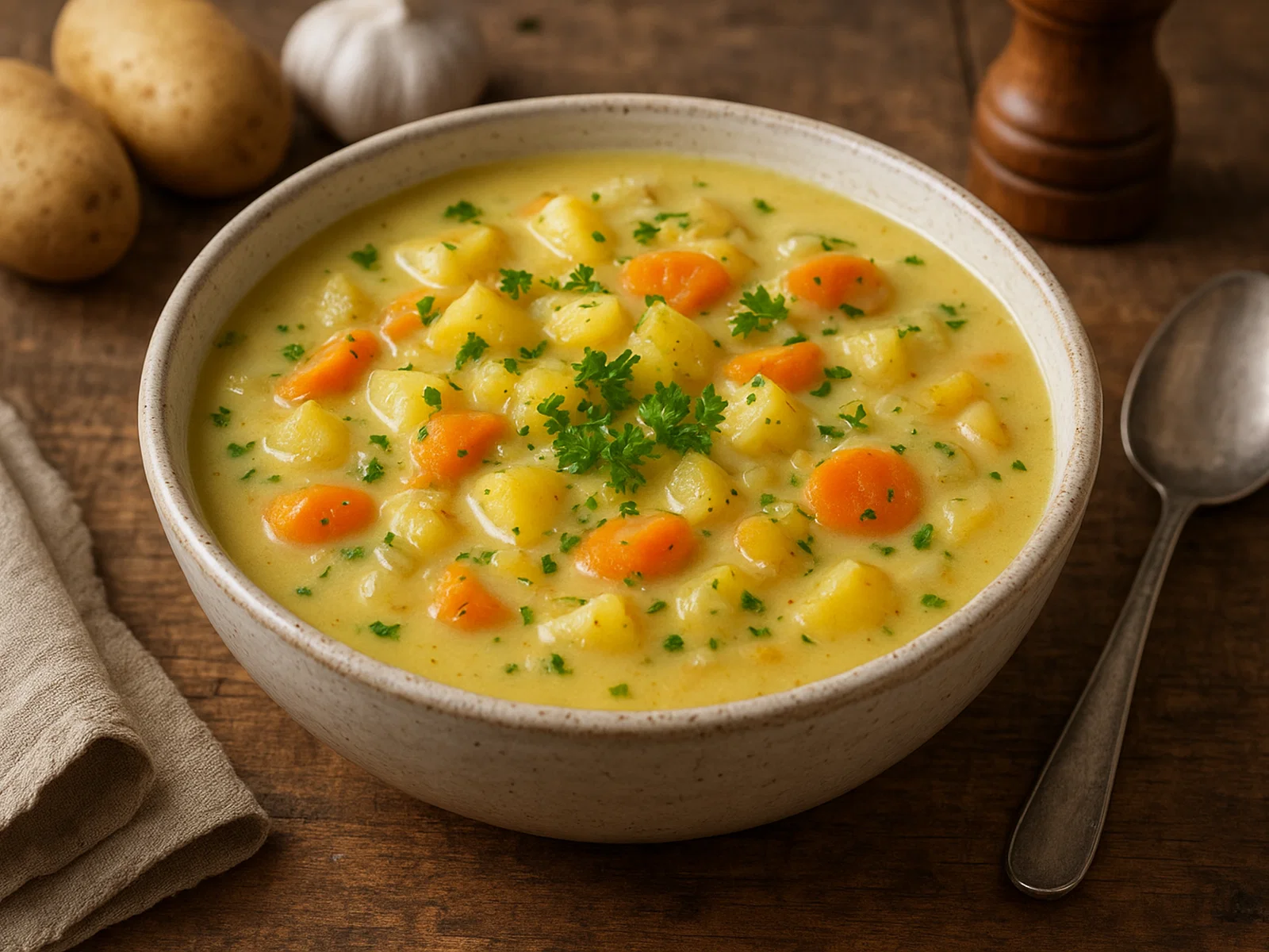 Cremige Kartoffelsuppe mit Gemüse und Petersilie