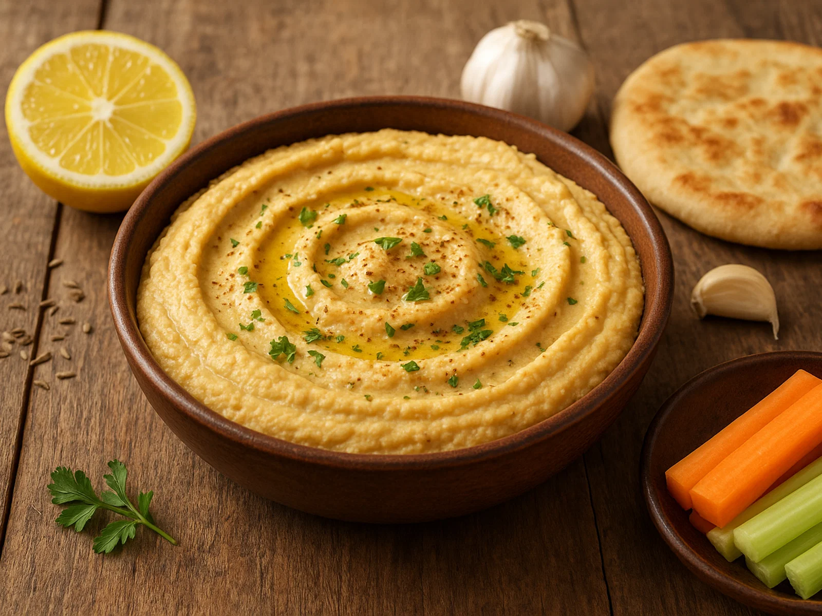 Cremiger Kichererbsen-Dip mit Zitrone und Kreuzkümmel