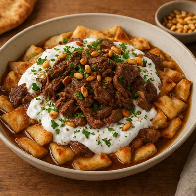 Fatta mit Lamm, Knoblauch-Joghurt und geröstetem Fladenbrot