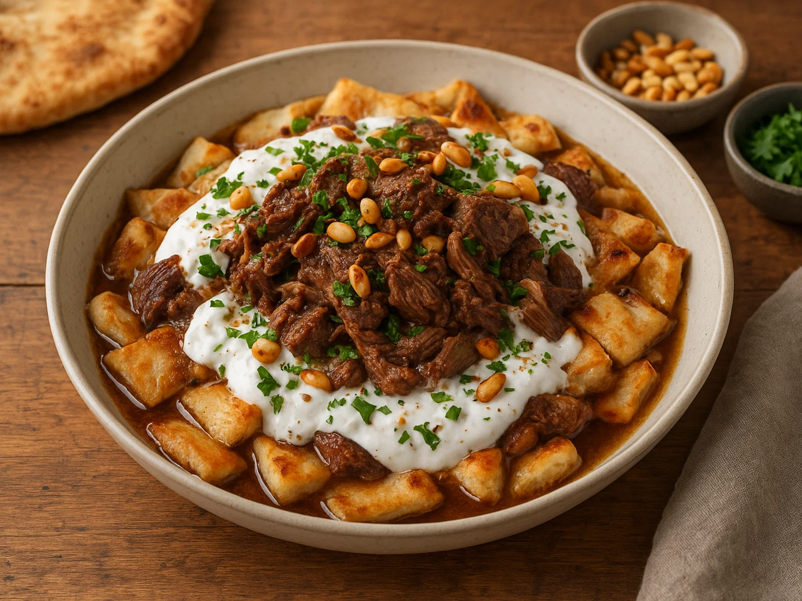 Fatta mit Lamm, Knoblauch-Joghurt und geröstetem Fladenbrot
