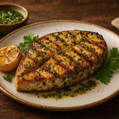 Gegrilltes Kingfish-Steak mit Zitronen-Knoblauch-Kräutermarinade