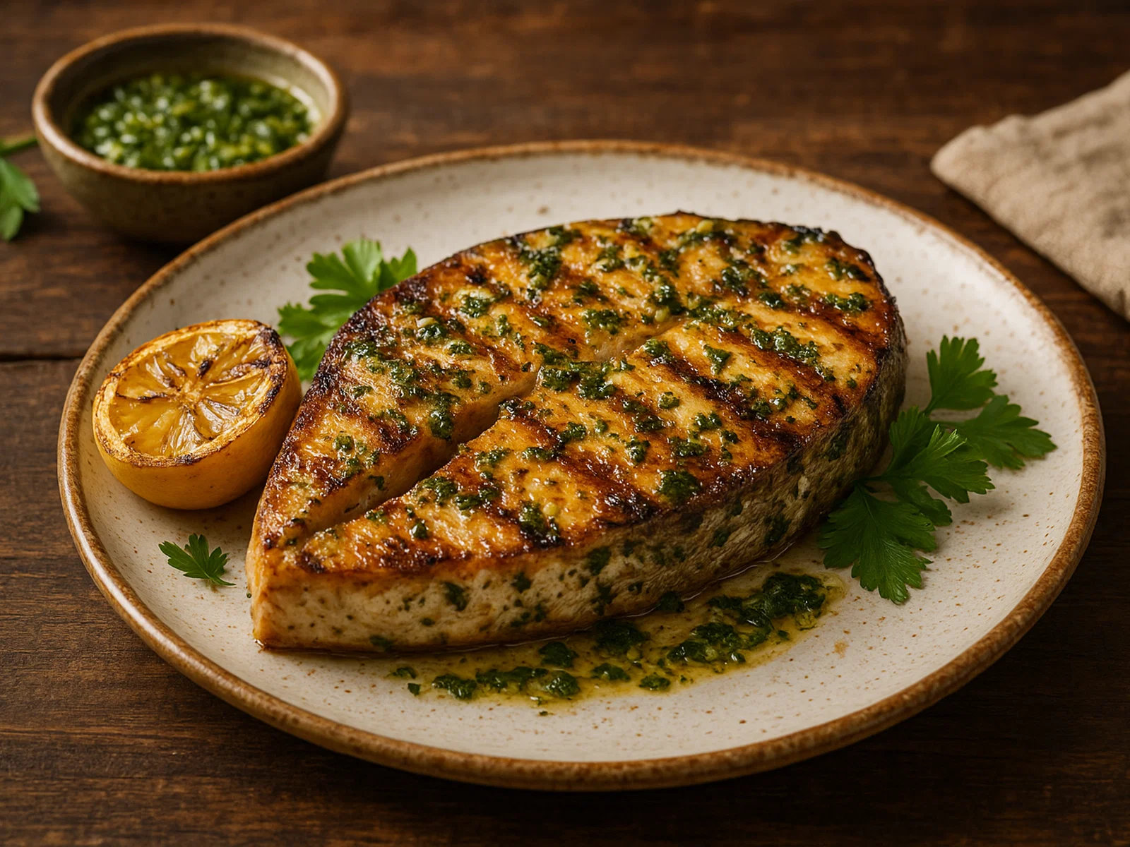 Gegrilltes Kingfish-Steak mit Zitronen-Knoblauch-Kräutermarinade