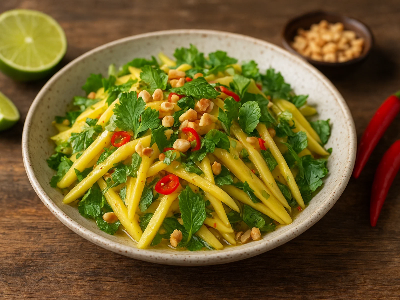 Thailändischer Mangosalat mit Limette, Chili und Kräutern