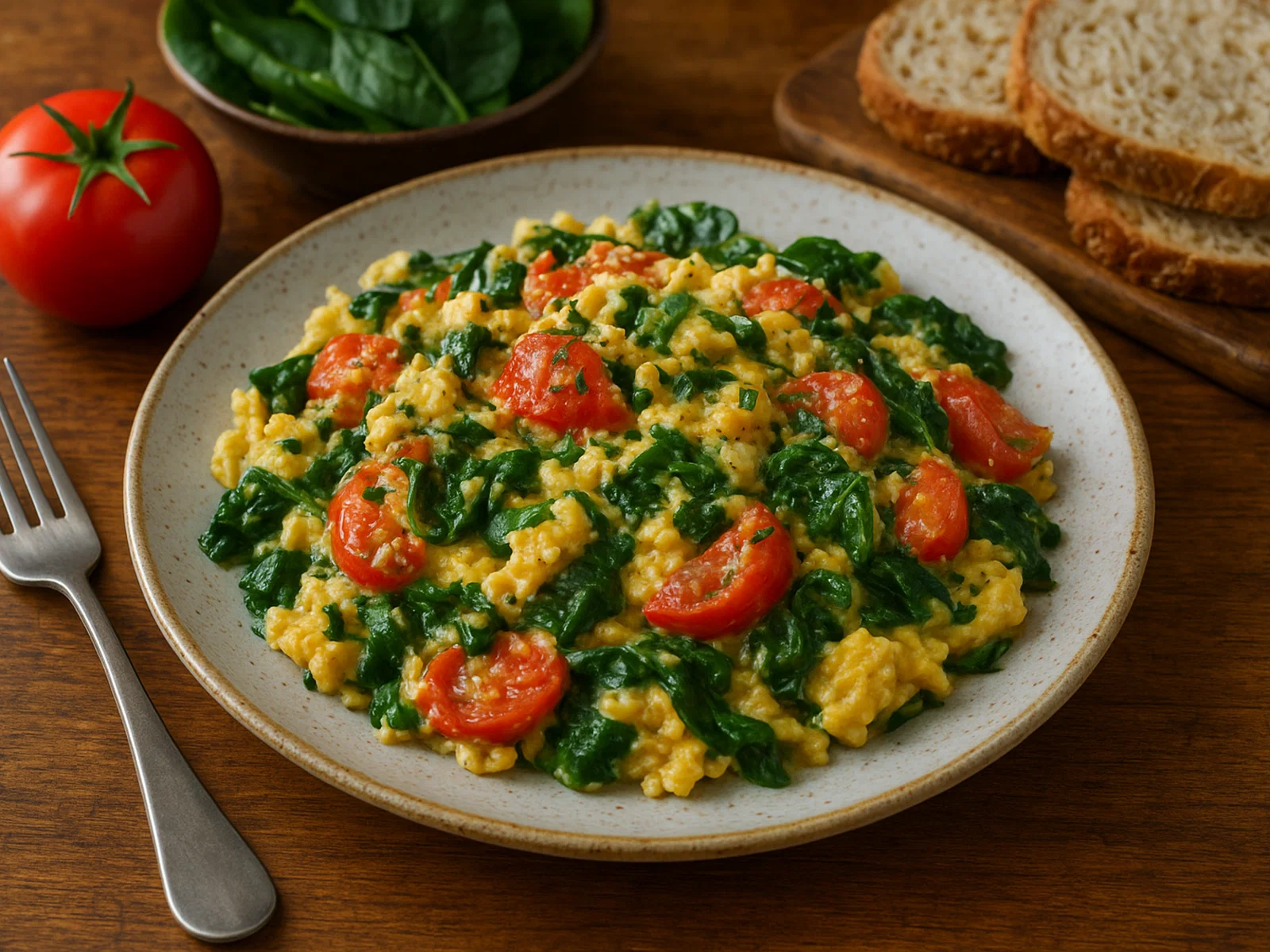 Rührei mit Tomaten und Spinat