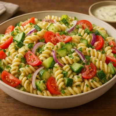Bunter Nudelsalat mit Gemüse und würzigem Dressing
