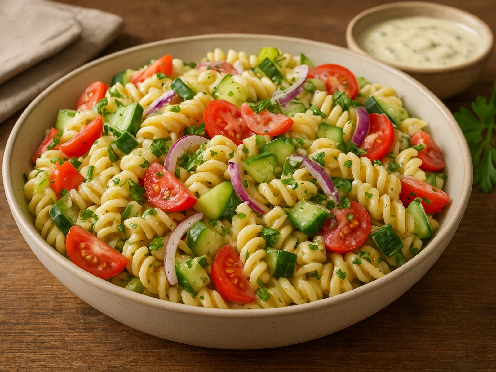Bunter Nudelsalat mit Gemüse und würzigem Dressing