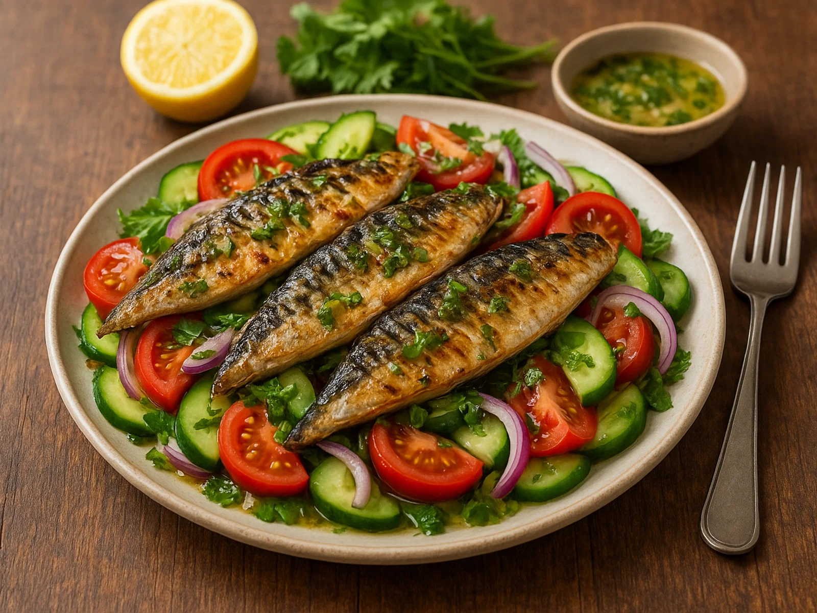 Gegrillter Makrelen-Salat mit Zitronen-Koriander-Dressing