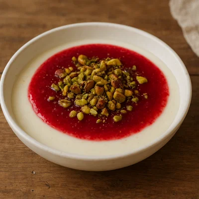 Malabi mit Himbeersauce und Pistazien
