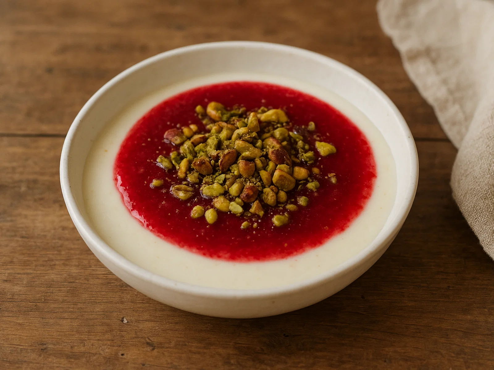 Malabi mit Himbeersauce und Pistazien