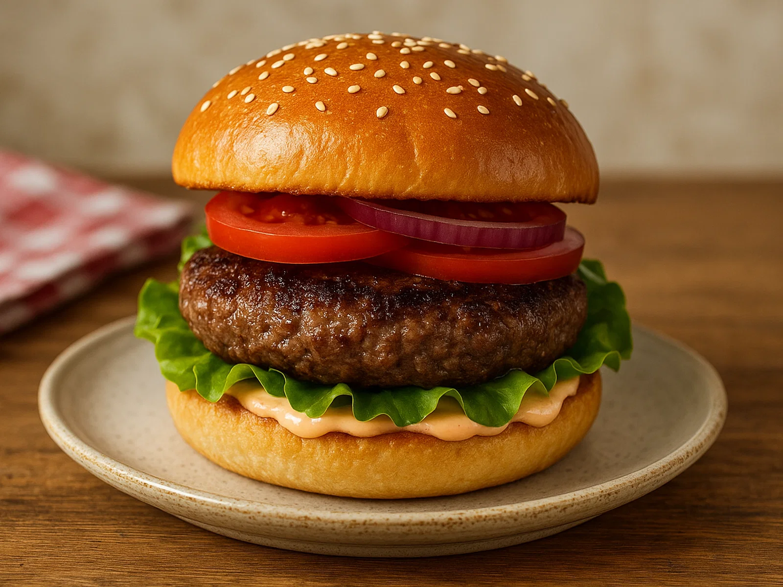 Klassischer Hamburger mit Rindfleisch und cremiger Sauce