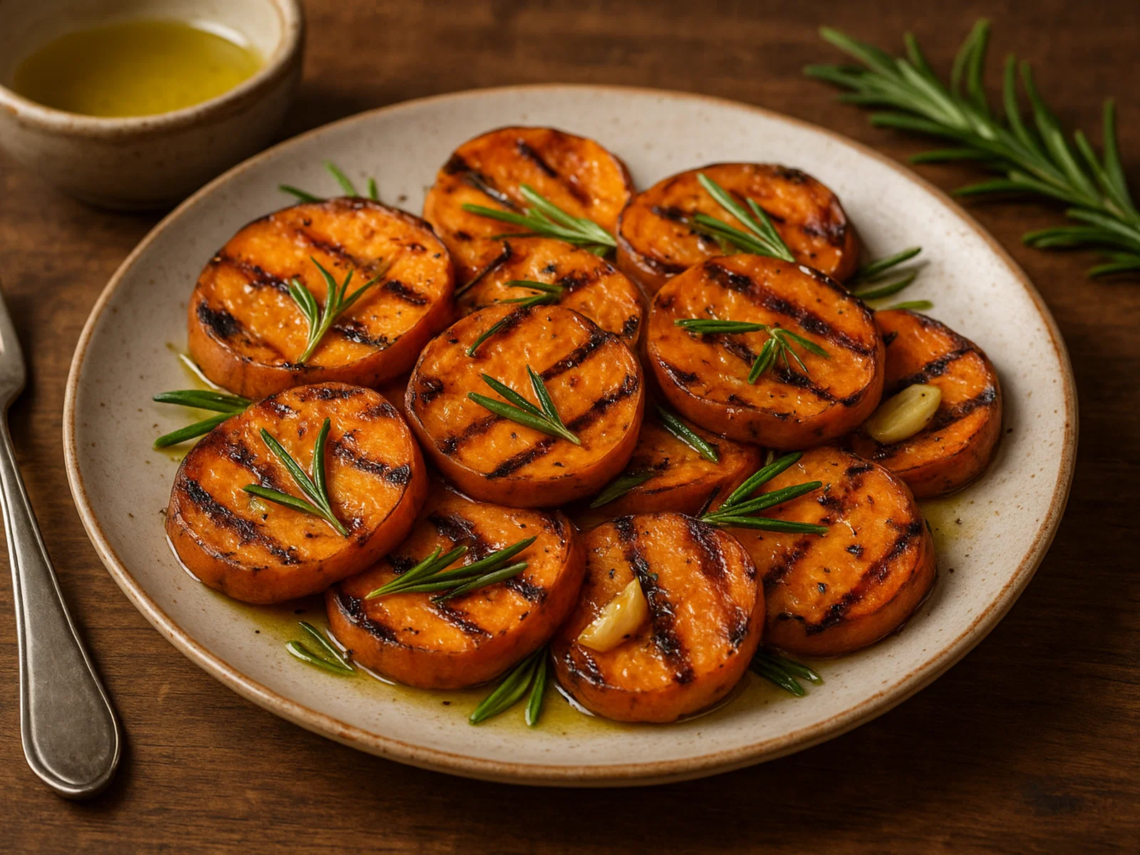 Gegrillte Süßkartoffelscheiben mit Rosmarin