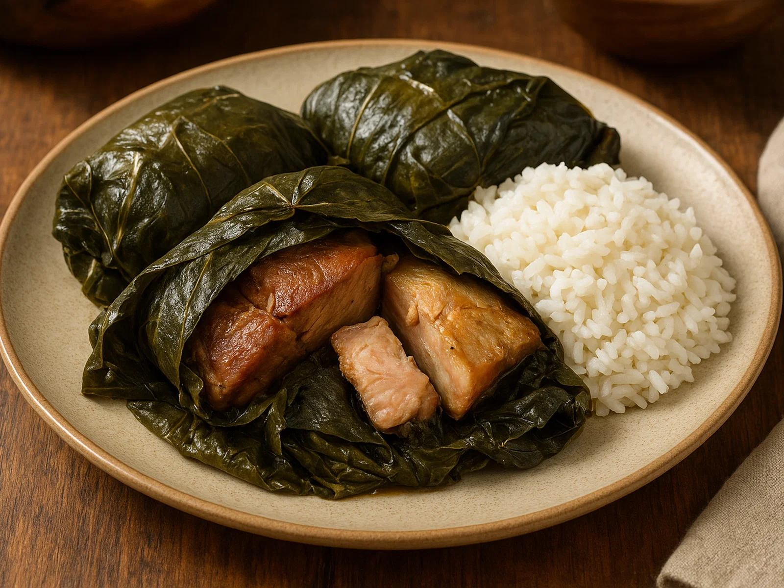 Hawaiianisches Laulau mit Schweinefleisch, Fisch und Taro-Blättern